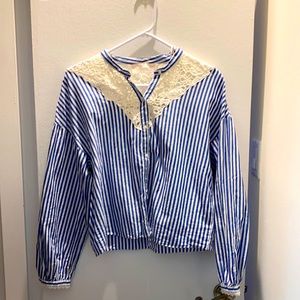 Women Zara Guipere Lace Striped lace blouse blue white Top S summer